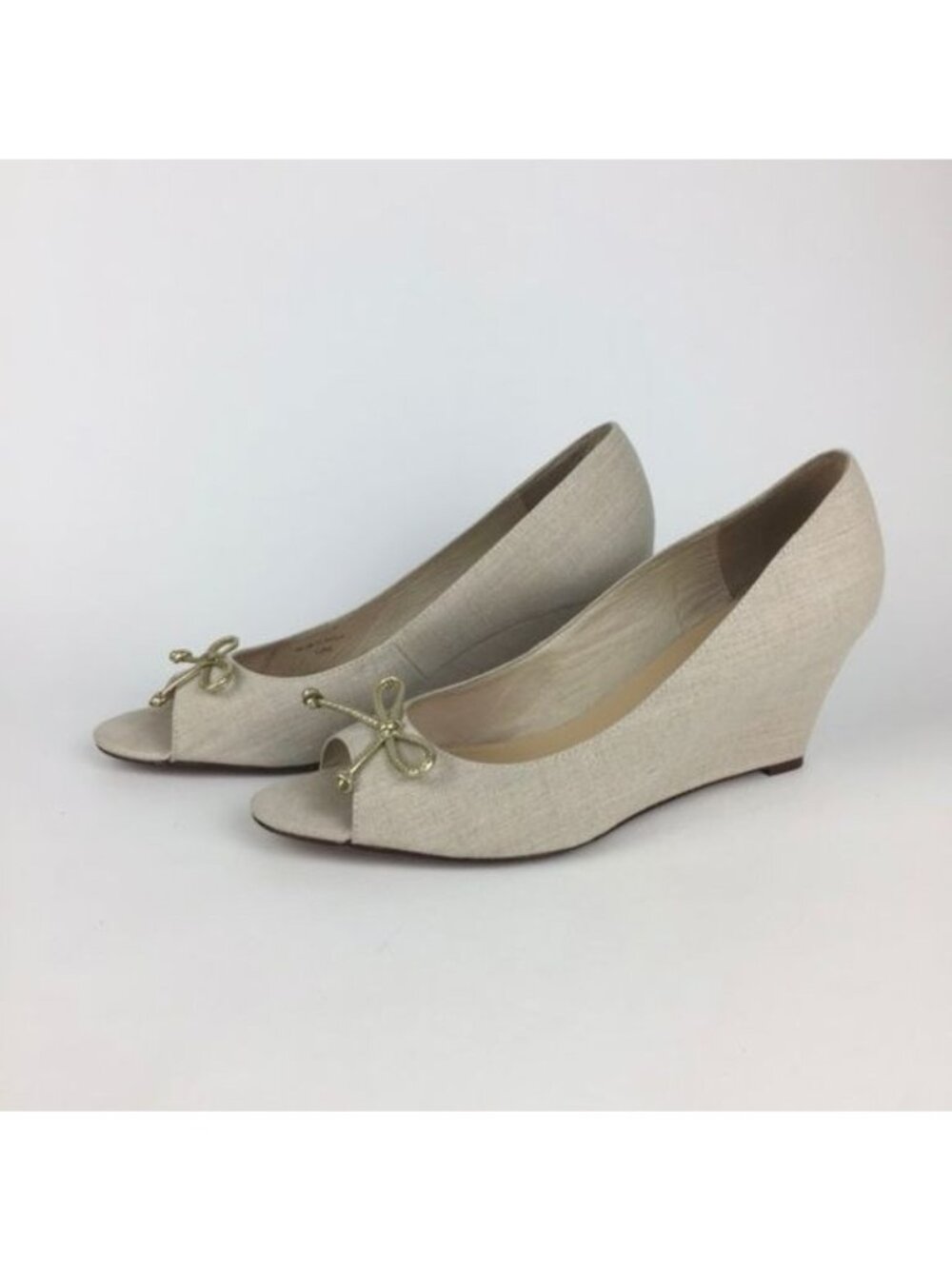 Kate Spade Womens Linen Peep Toe Wedge Heels Beige Cream Shoes Gold Bow size 10